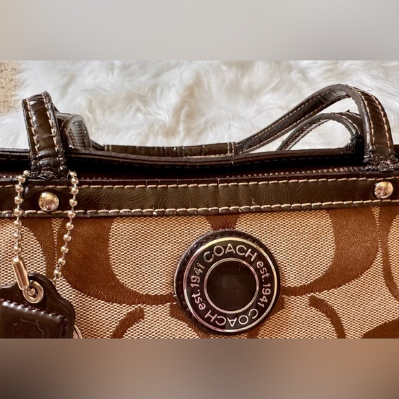 Coach Signature Stripe Tote Bag Brown and Tan Classic Style - Picture 14 of 15